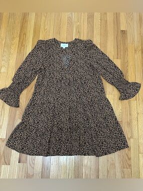 NWOT Pomander Place Brown and Black Leopard-Print Long Sleeve Tiered Dress